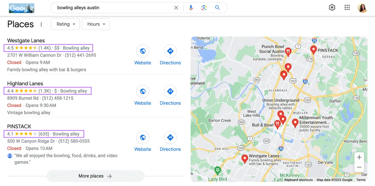 Google 本地包结果中商家下方的评分已突出显示