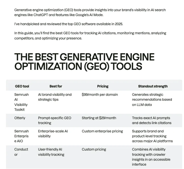 Semrush 最佳生成式引擎优化 (GEO) 工具指南引言之后的结构化表格