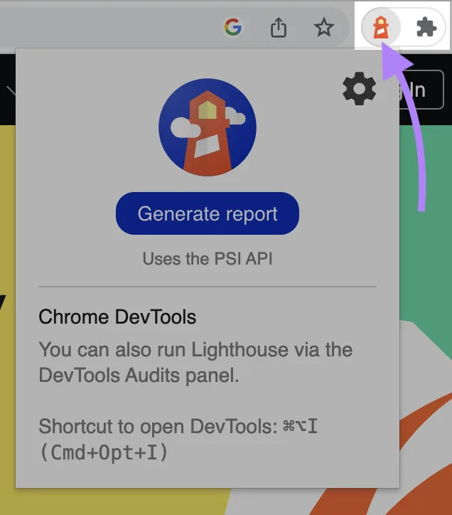 Chrome 扩展程序菜单中的 Lighthouse
