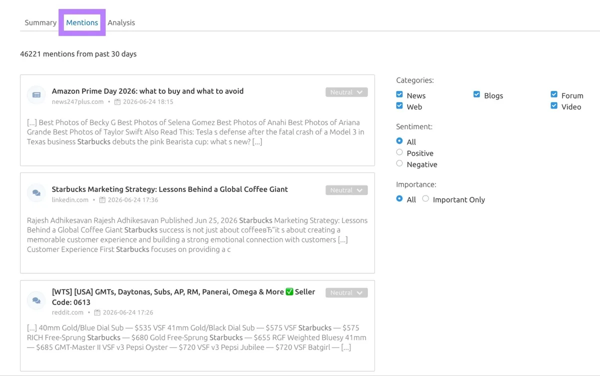 Media Monitoring 上的“Mentions”标签页,显示某品牌近期提及列表及其情感倾向。