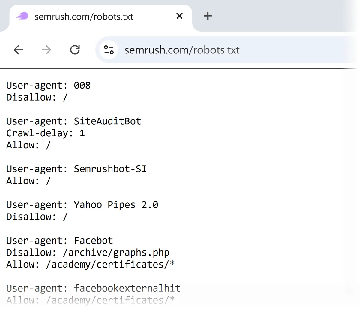 Semrush robots.txt 文件,含 user-agent 抓取和 disallow 指令