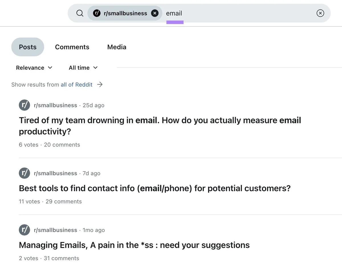 在小企业 subreddit 中使用关键词“email”查找帖子。