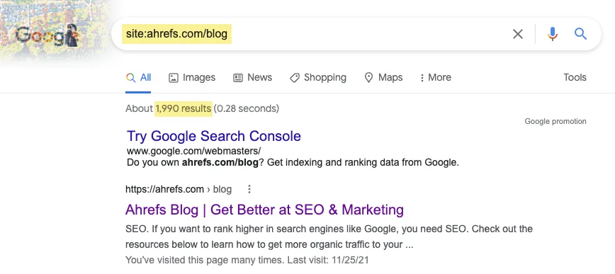 Ahrefs 博客的 Google SERP。显示 Google 已索引 1,990 个页面