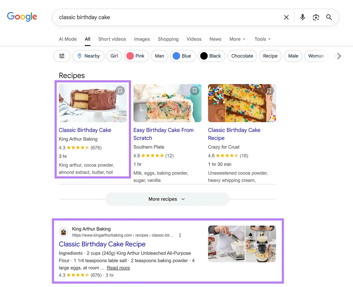 Google 搜索结果,食谱富媒体摘要展示图片、评分和烹饪时长。