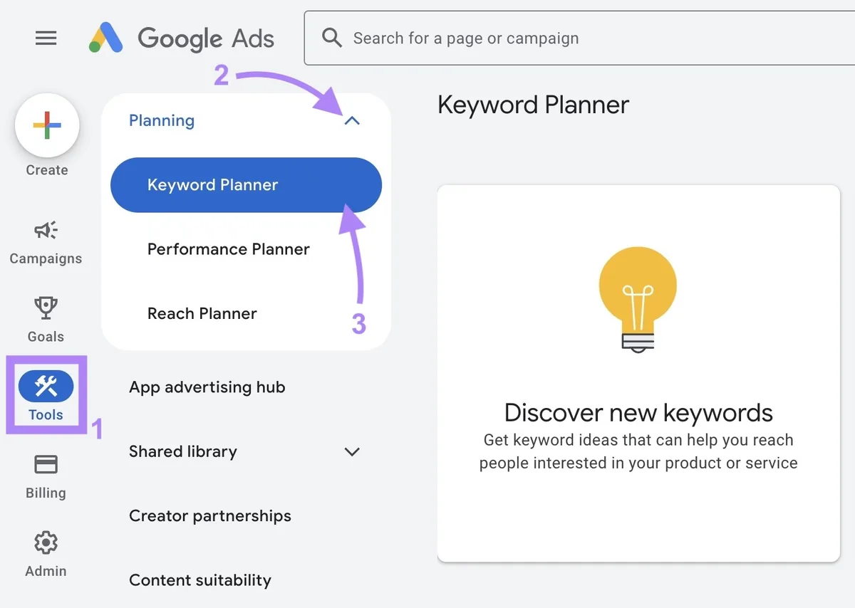 Google Ads 上的“Tools”标签页,点击“Planning”下的“Keyword Planner”。