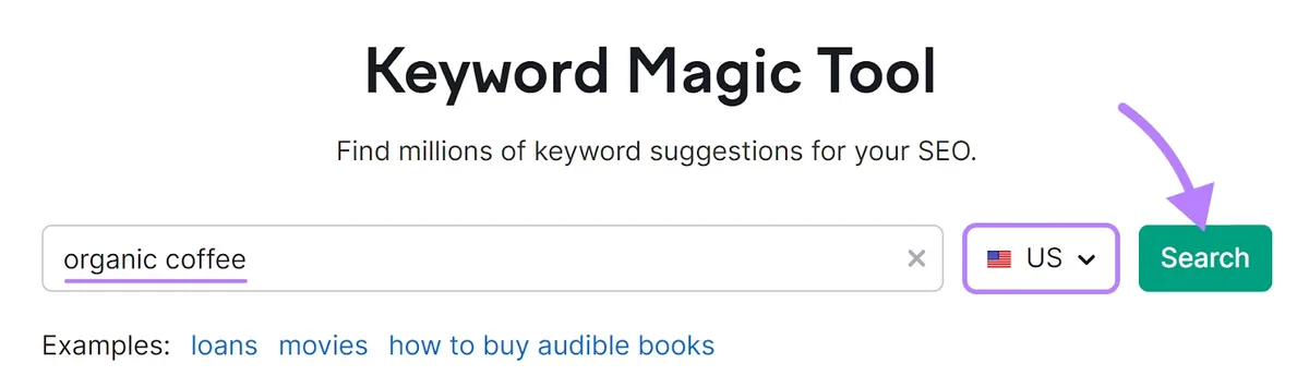 在 Keyword Magic Tool 搜索栏中输入的“organic coffee”
