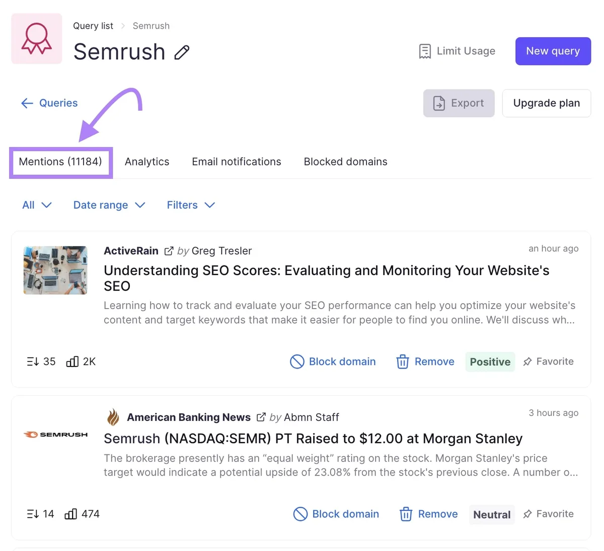 Semrush 的 Brand Monitoring 报告