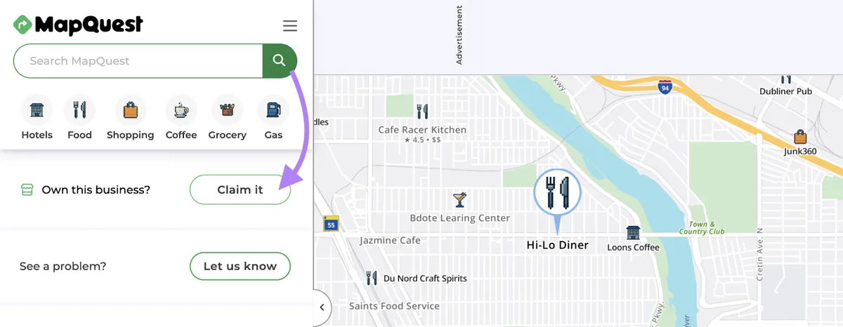 显示某商家的 MapQuest 个人资料,底部出现“Claim it”按钮。