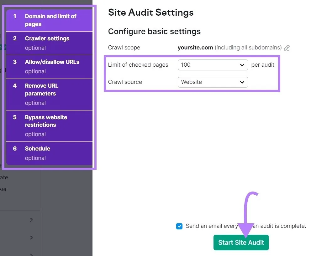 “Site Audit 设置”窗口
