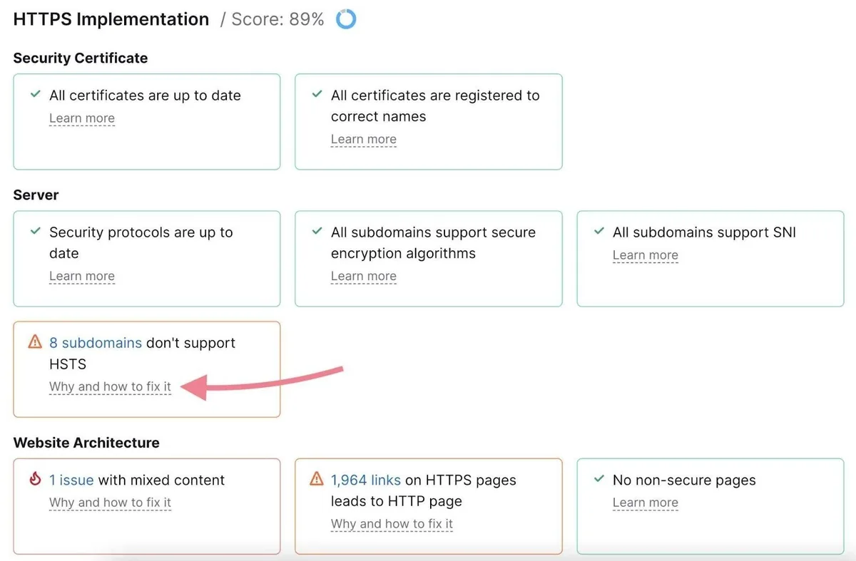 Site Audit 上的 HTTPS 报告，已点击“8 subdomains don't support HSTS”下的“Why and how to fix it”