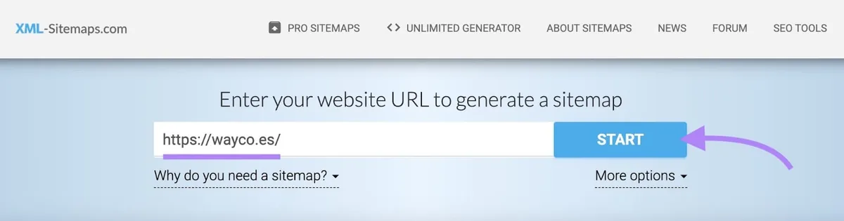 XML-Sitemaps.com 工具起始界面，已输入域名并点击“Start”。