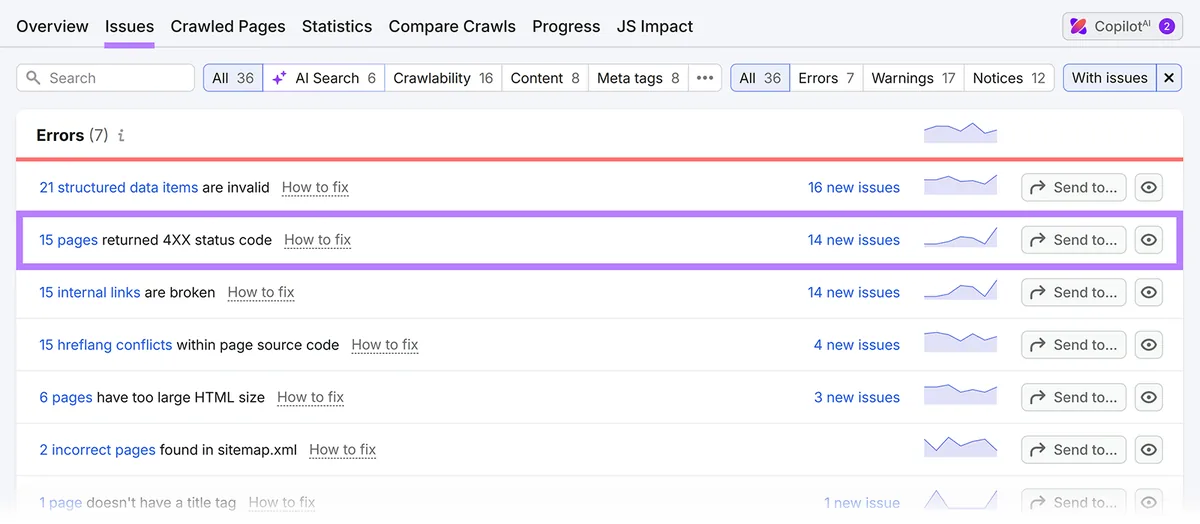 Semrush Site Audit 问题报告突出显示返回 4XX 状态码的页面