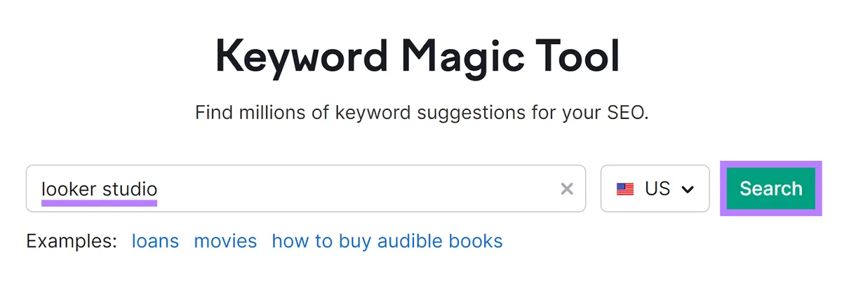 Semrush Keyword Magic Tool 起始页,输入字段中为“looker studio”,突出显示 Search 按钮。