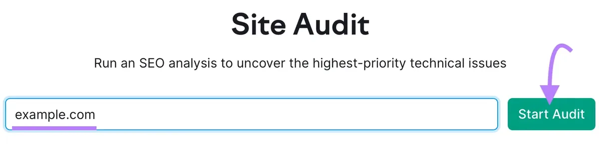 Site Audit 工具起始界面,已输入域名并点击“Start Audit”。