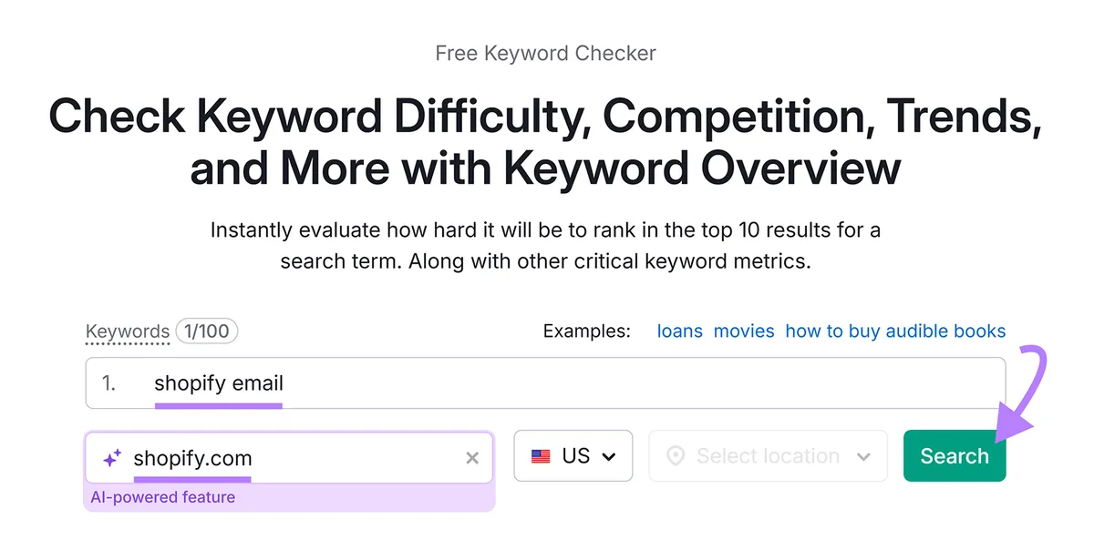 Keyword Overview 工具输入界面,已输入“shopify email”,箭头指向 Search 按钮