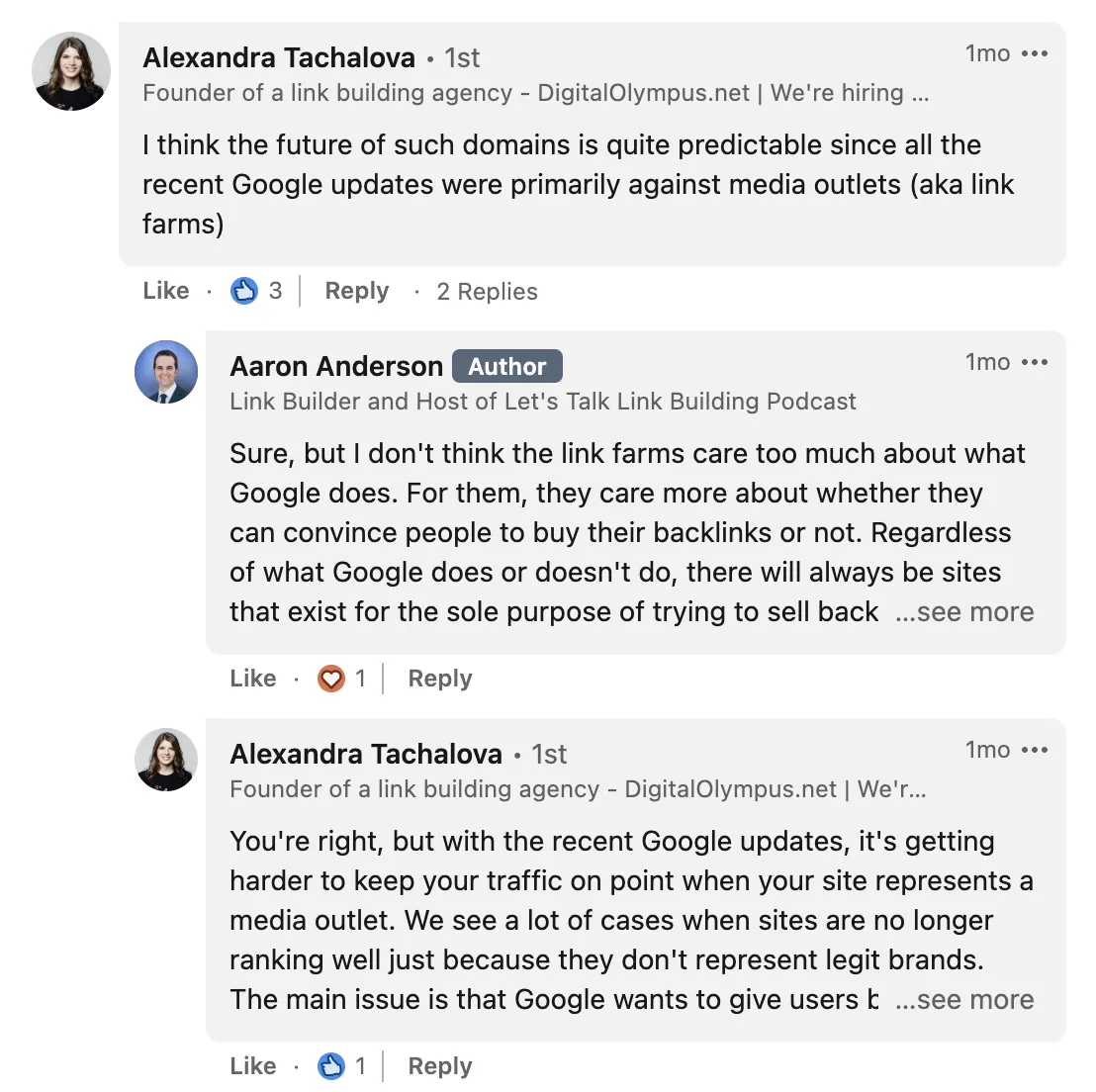 Alexandra Tachalova 与 Aaron Anderson 在 LinkedIn 评论区的互动