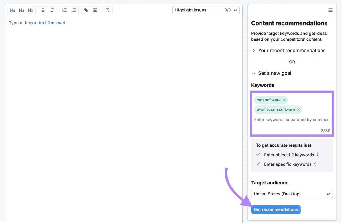SEO Writing Assistant 已输入目标关键词并点击“Get recommendations”。