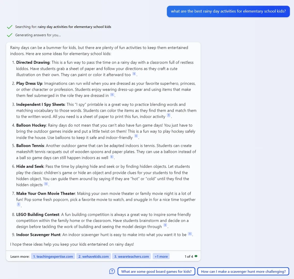Bing 对“what are the best rainy day activities for elementary school kids?”查询的 AI 回答