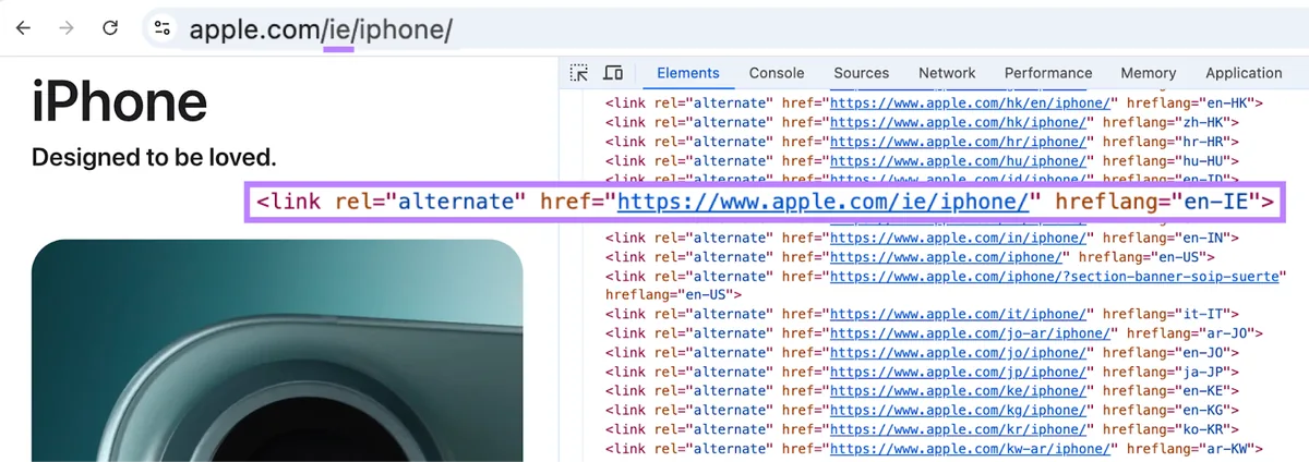 在源代码中，hreflang 属性显示爱尔兰 URL 和 hreflang 值 en-ie。