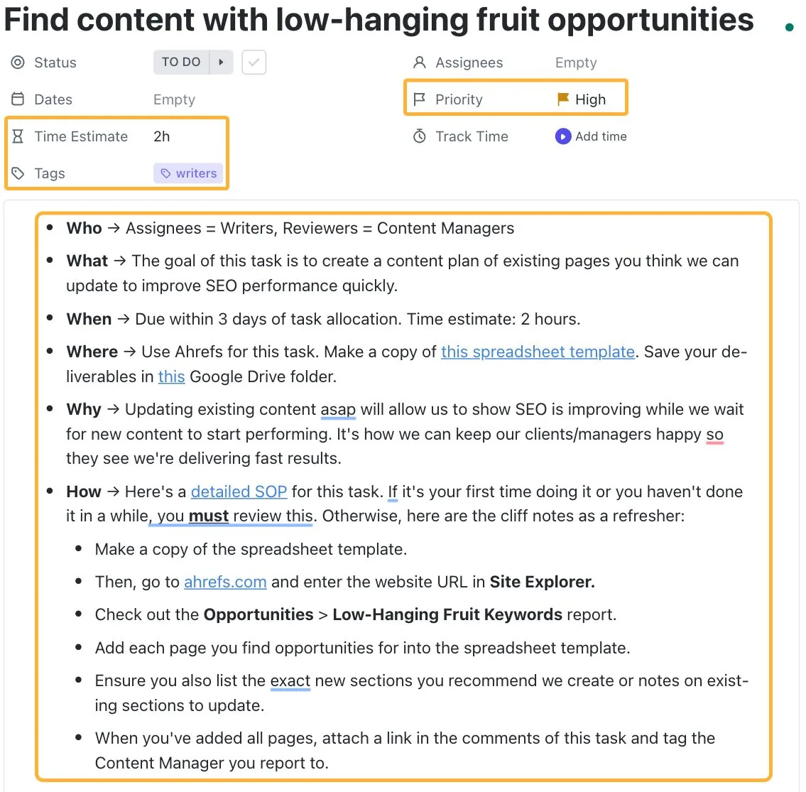 SEO 项目管理任务模板示例。
