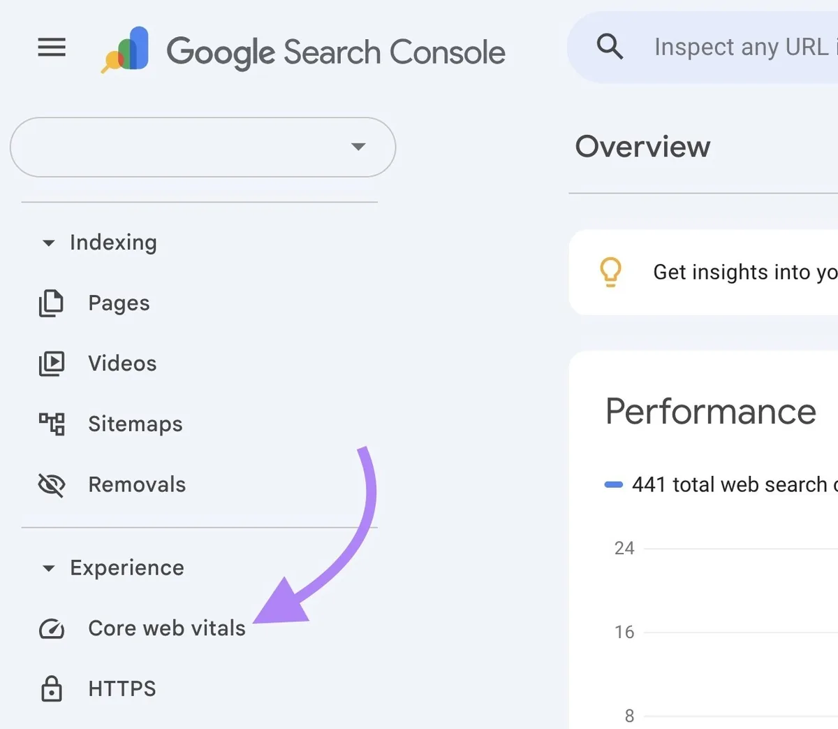 Google Search Console,已在侧边栏菜单中点击“Core web vitals”。