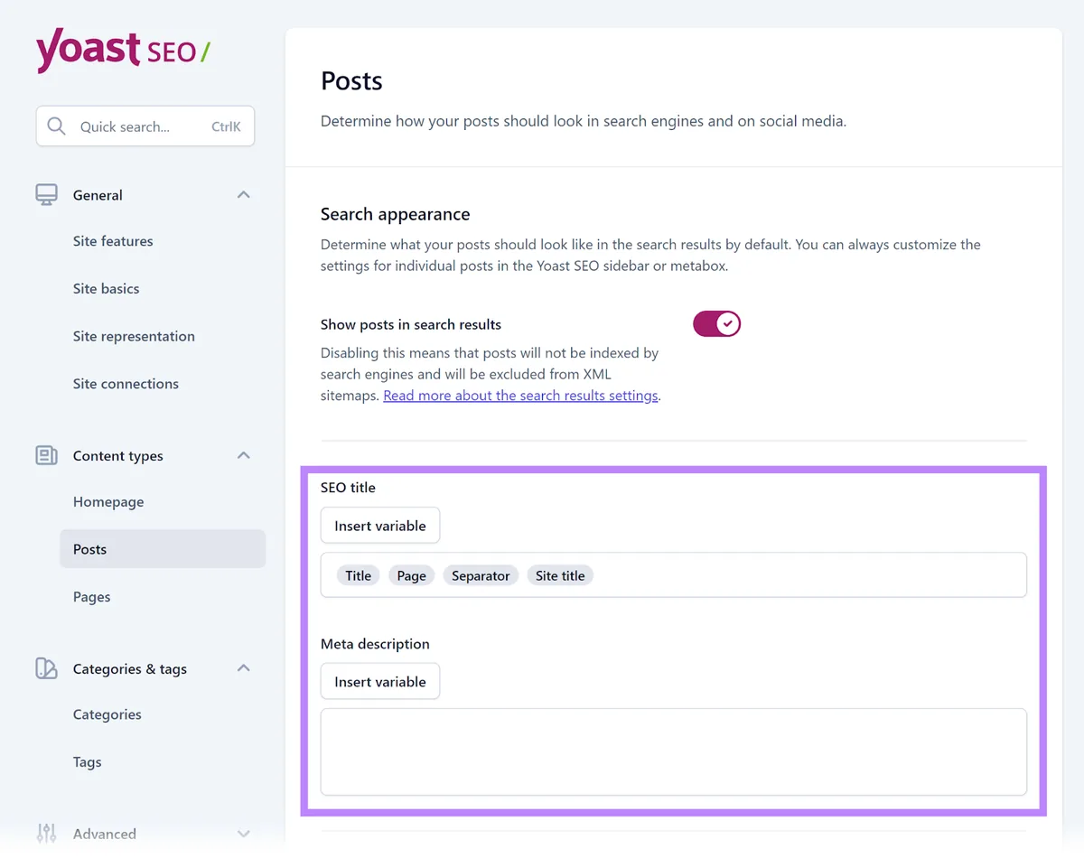 Yoast SEO“Posts”设置页面,高亮 SEO 标题和元描述配置区域