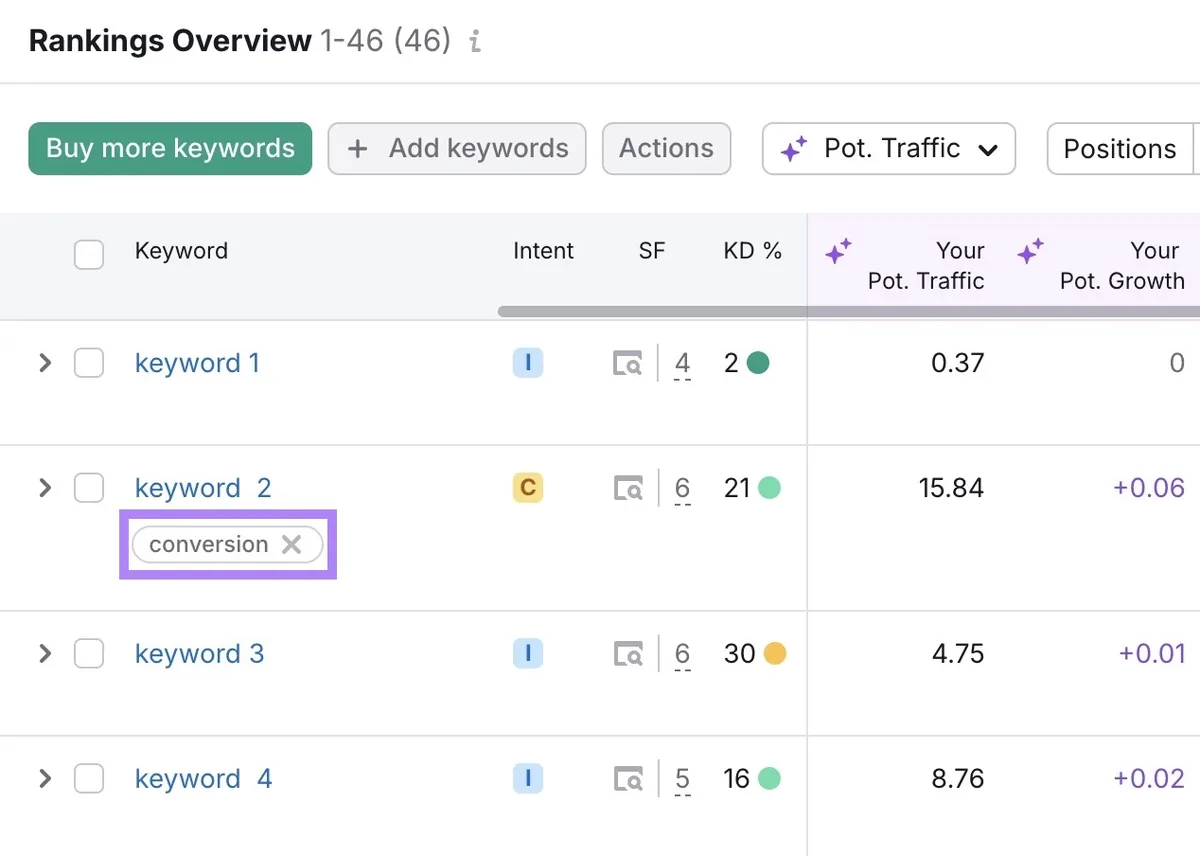 Rankings Overview 报告中标记为“conversion”的关键词。
