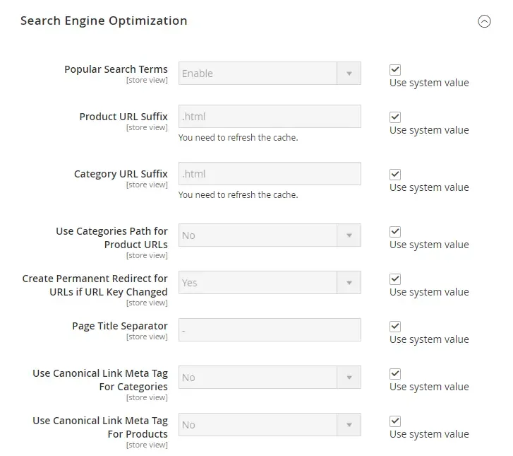 Magento 2 中的“搜索引擎优化”版块