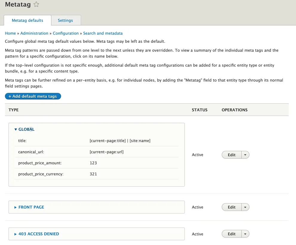 Drupal 中的“Metatag defaults”页面