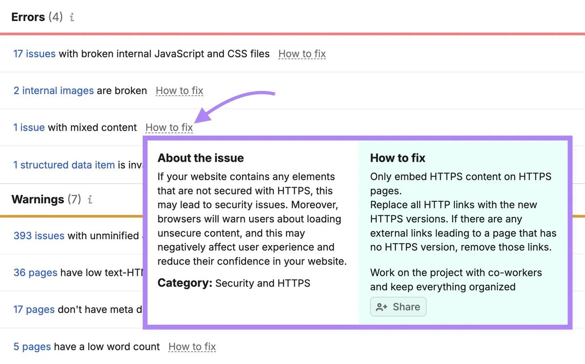 Site Audit 上的“Issues”标签页，点击问题旁的“How to fix”，显示如何处理的更多信息。