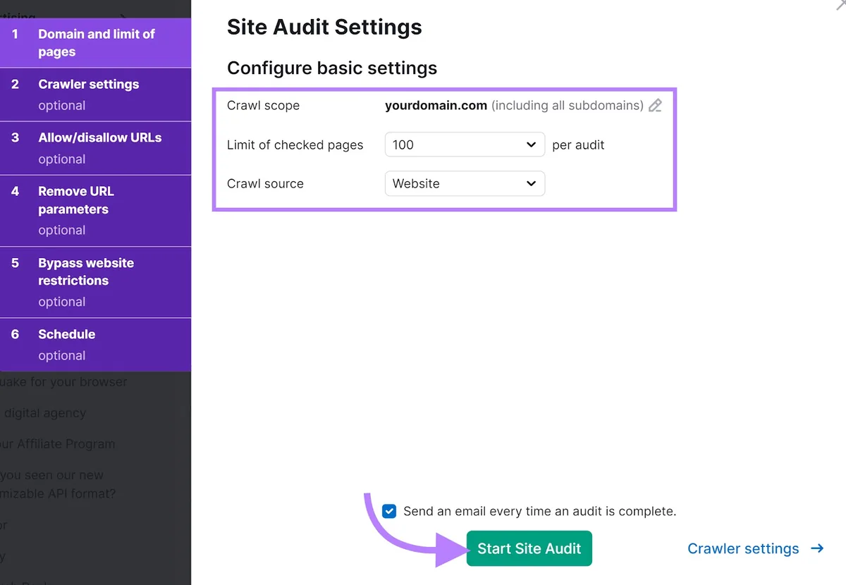 Site Audit Settings 窗口,Configure basic settings 部分和 Start Site Audit 按钮被突出显示。