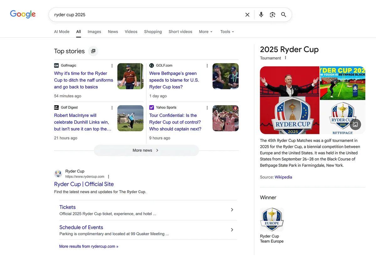 “Ryder Cup 2025”的 Google 搜索结果页面,展示 Top Stories、Knowledge Panel 和官方网站链接。