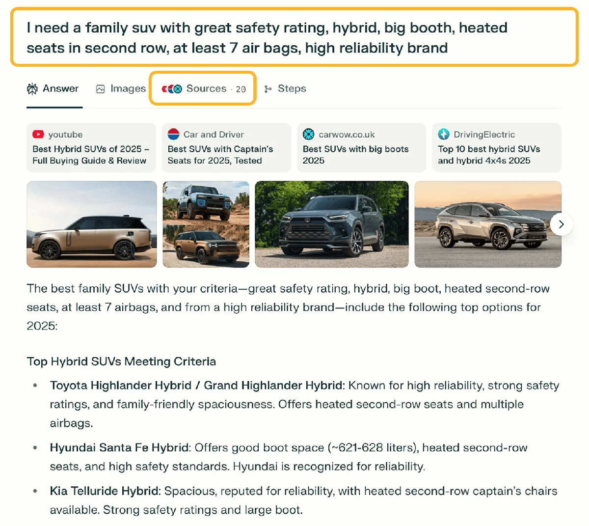 Perplexity 对一段详细提示的回答，该提示要求推荐一款安全评级出色、后备箱大、第二排座椅带加热且至少配备七个安全气囊的混合动力家用 SUV。该提示和 “Sources · 20” 标签被圈出，其上方是来自 YouTube、Car and Driver、carwow.co.uk 和 DrivingElectric 的来源卡片、SUV 照片，和以 Toyota Highlander Hybrid 为首的一份推荐清单