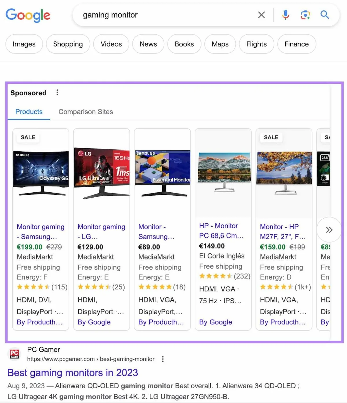 Google 搜索结果中针对“gaming monitor”搜索的产品购物广告
