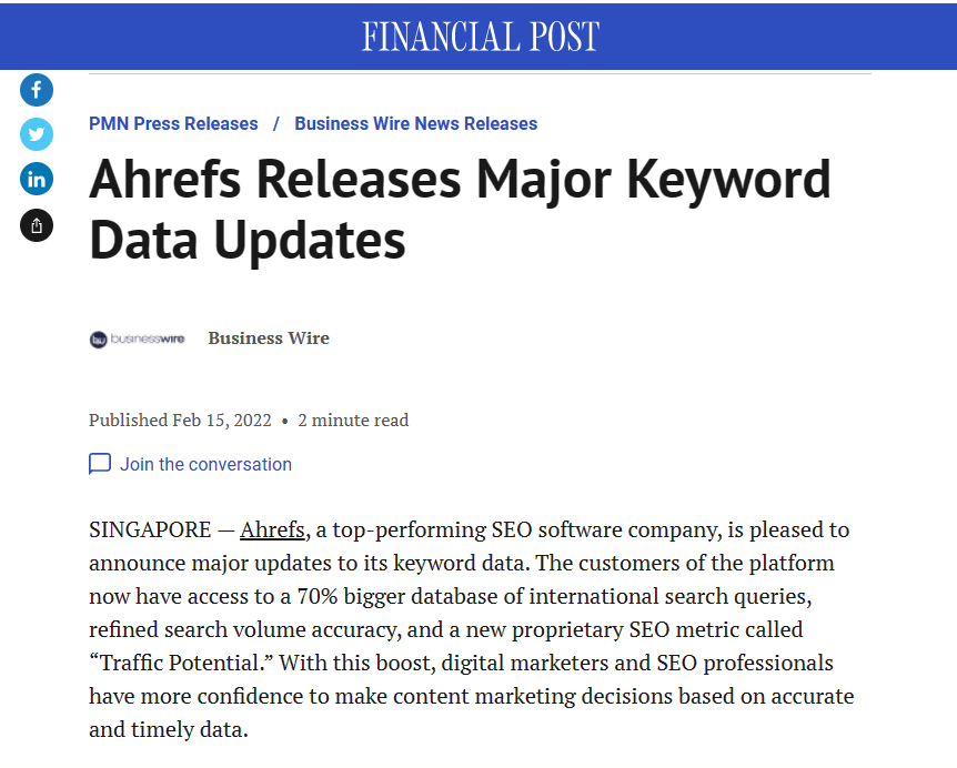 Ahrefs 的优秀新闻稿示例
