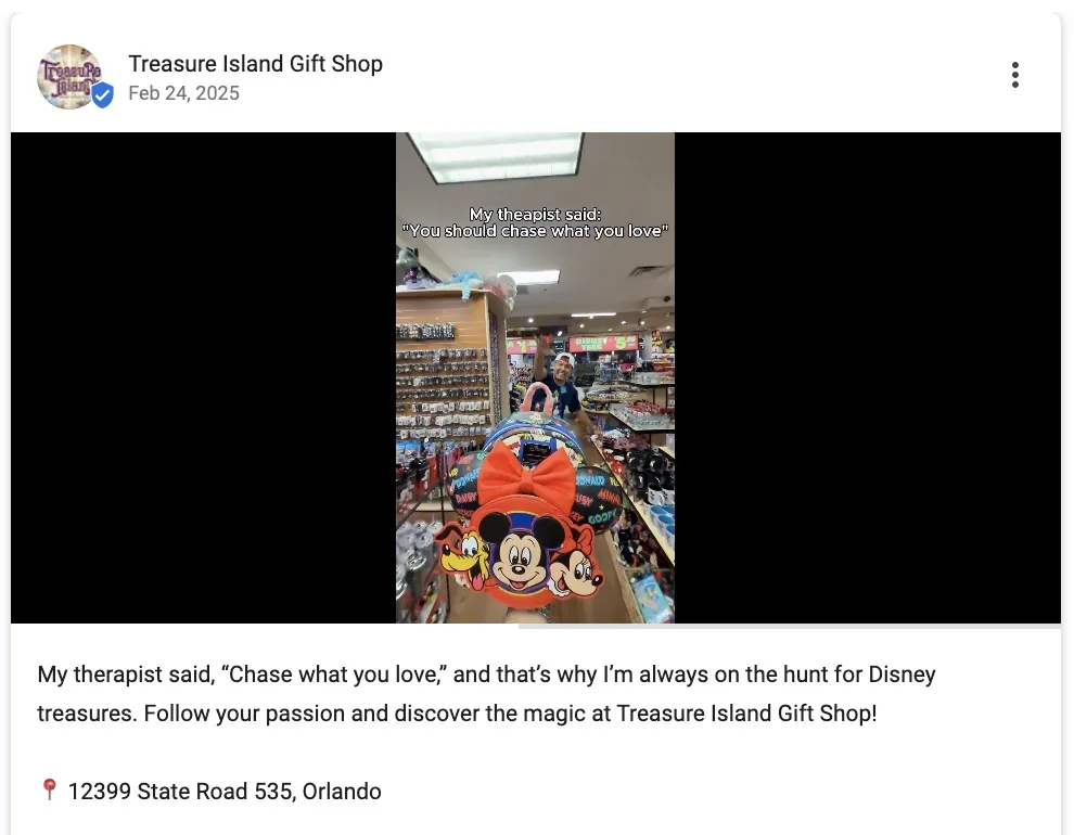 一家礼品店在 Google Business Profile 上发布的帖子，使用配有俏皮文案的短视频片段。