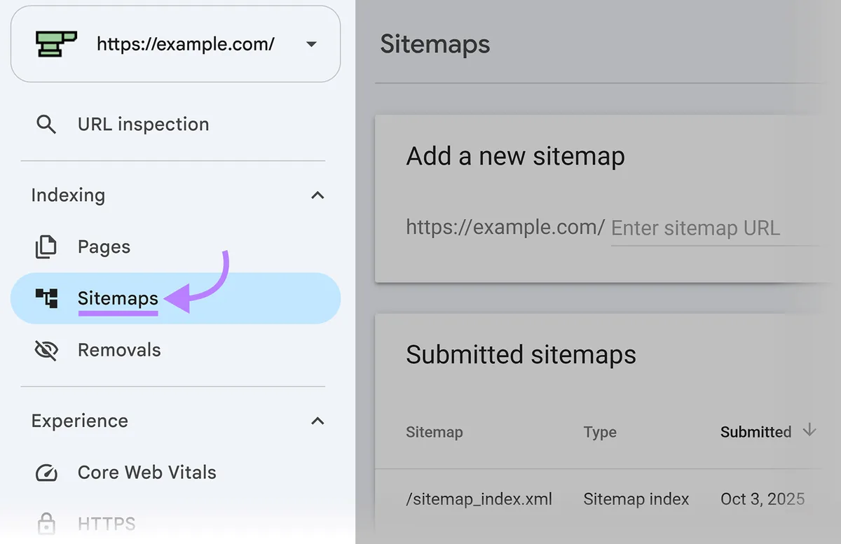 Google Search Console 导航,Sitemaps 已高亮显示,并提供添加或查看已提交站点地图的选项