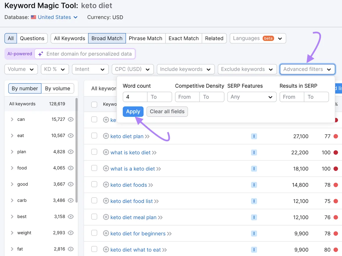 Keyword Magic Tool 的高级过滤器窗口,将最少四个词设为字数条件