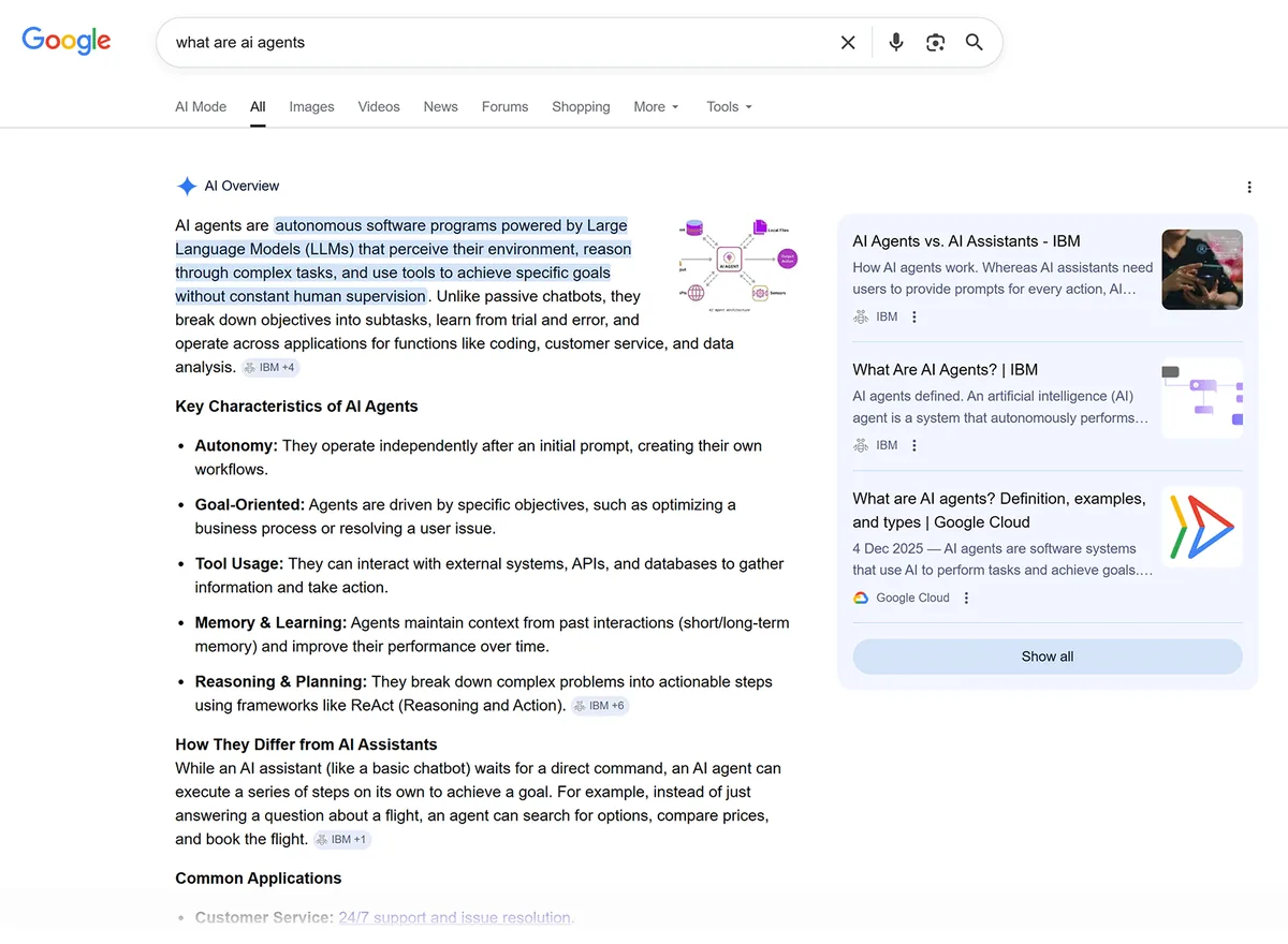 Google 搜索结果展示概述什么是 AI 智能体的 AI 概览