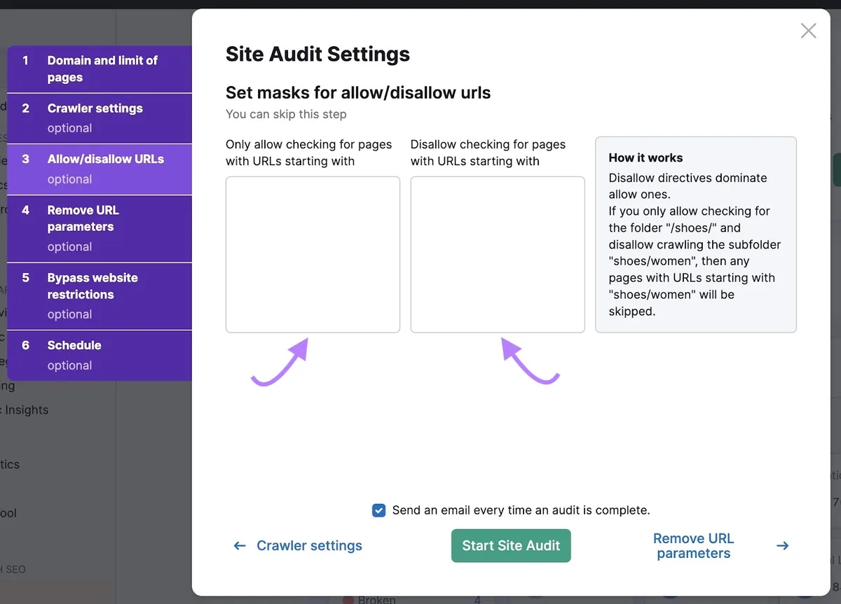 Site Audit 上的允许/禁止 URL 设置页面,用于为特定 URL 设置掩码。