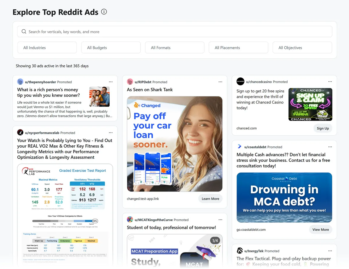 Reddit Ads Library 页面显示多个推广广告。