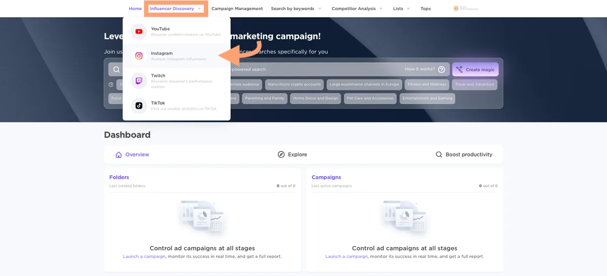 Influencer Analytics 应用上的仪表盘,已选中目录工具。