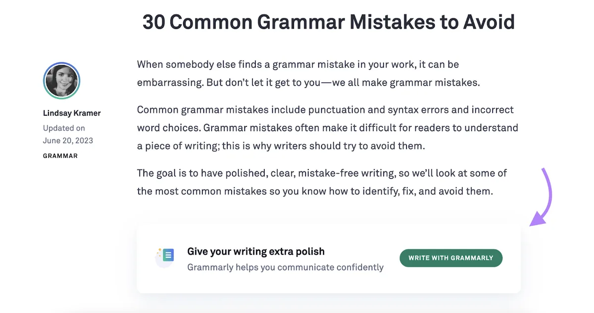 在博客文章中插入了一个横幅,行动号召文案为“使用 Grammarly 写作,让你的文字更出色”