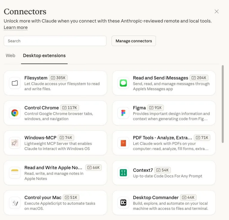Claude Connectors：用于连接 Filesystem、Chrome、Figma、PDFs 等桌面扩展的对话框