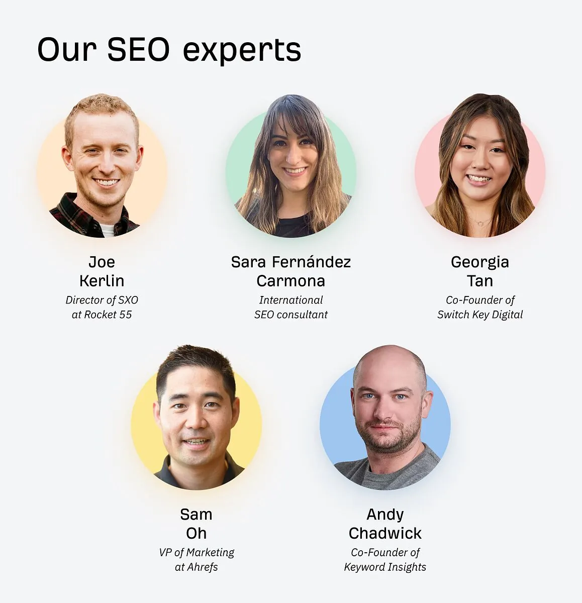 为本文章供稿的 SXO 专家:上排为 Joe Kerlin、Sara Fernández Carmona 和 Georgia Tan,下排为 Sam Oh 和 Andy Chadwick