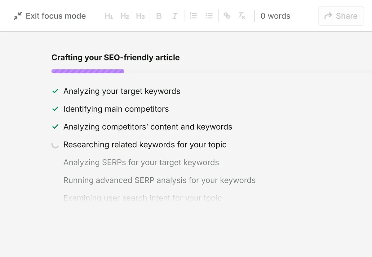 Semrush 通过分析目标关键词、竞争对手、相关关键词和搜索结果,生成适合 SEO 的文章
