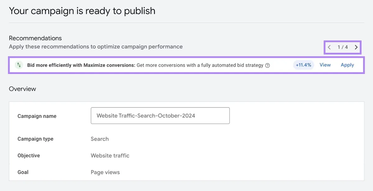 Google Ads 上的 Review 页面,突出显示页面顶部的“Recommendations”部分选项。
