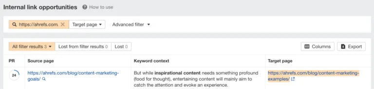 通过 Ahrefs 的 Site Audit 展示的内链机会示例