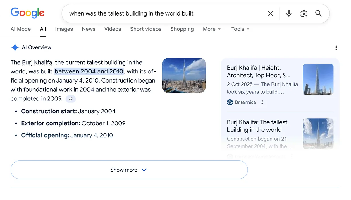 Google 搜索结果展示关于哈利法塔建造时间线和竣工日期的 AI 概览回答。