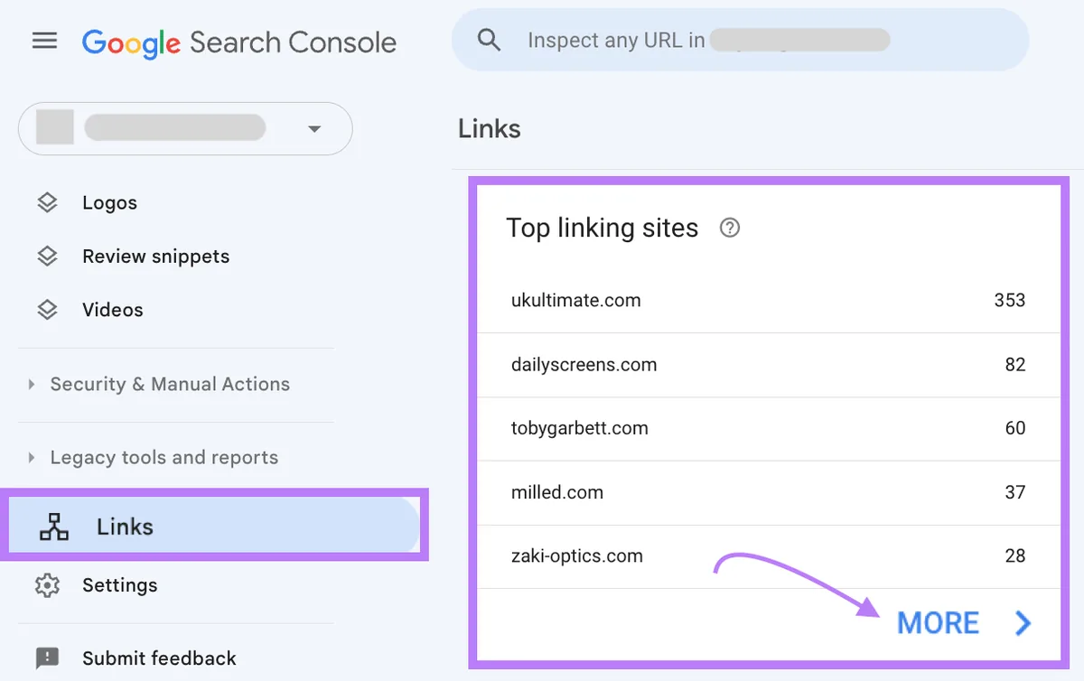 Google Search Console 中的“热门链接网站”版块